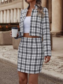 Plaid Print Crop Jacket & Skirt - Black and White - View 3
