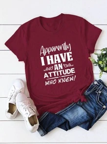 SHEIN LUNE 標語圖案小圓領T恤 - 酒紅色 - 查看 1