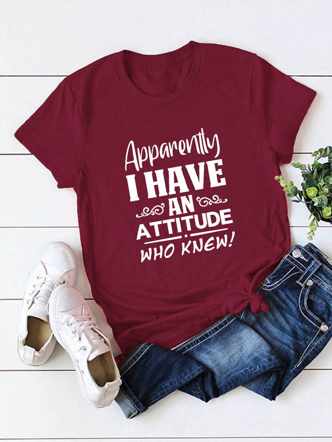 SHEIN LUNE 標語圖案小圓領T恤 - 酒紅色 - 查看 1