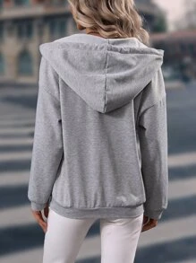 SHEIN LUNE Solid Drop Shoulder Drawstring Hoodie - Grey - View 2