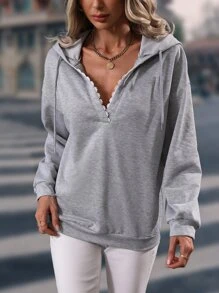 SHEIN LUNE Solid Drop Shoulder Drawstring Hoodie - Grey - View 5
