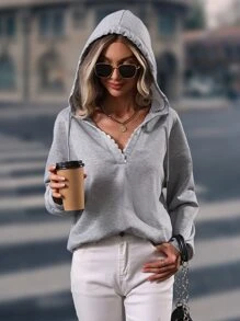 SHEIN LUNE Solid Drop Shoulder Drawstring Hoodie - Grey - View 6