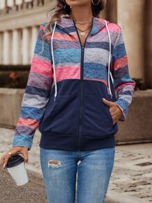 SHEIN LUNE Colorblock Zip Up Drawstring Hoodie - Multicolor - View 1