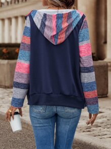 SHEIN LUNE Colorblock Zip Up Drawstring Hoodie - Multicolor - View 2