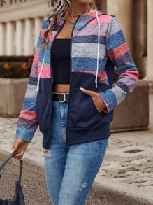 SHEIN LUNE Colorblock Zip Up Drawstring Hoodie - Multicolor - View 3