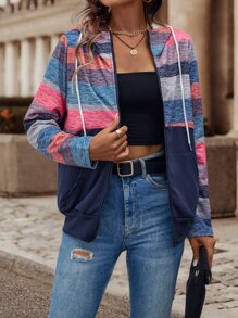 SHEIN LUNE Colorblock Zip Up Drawstring Hoodie - Multicolor - View 4