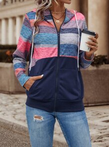 SHEIN LUNE Colorblock Zip Up Drawstring Hoodie - Multicolor - View 5