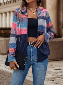 SHEIN LUNE Colorblock Zip Up Drawstring Hoodie - Multicolor - View 6