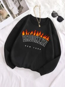 SHEIN Coolane Plus Fire & Letter Graphic Thermal Pullover - Black - View 1