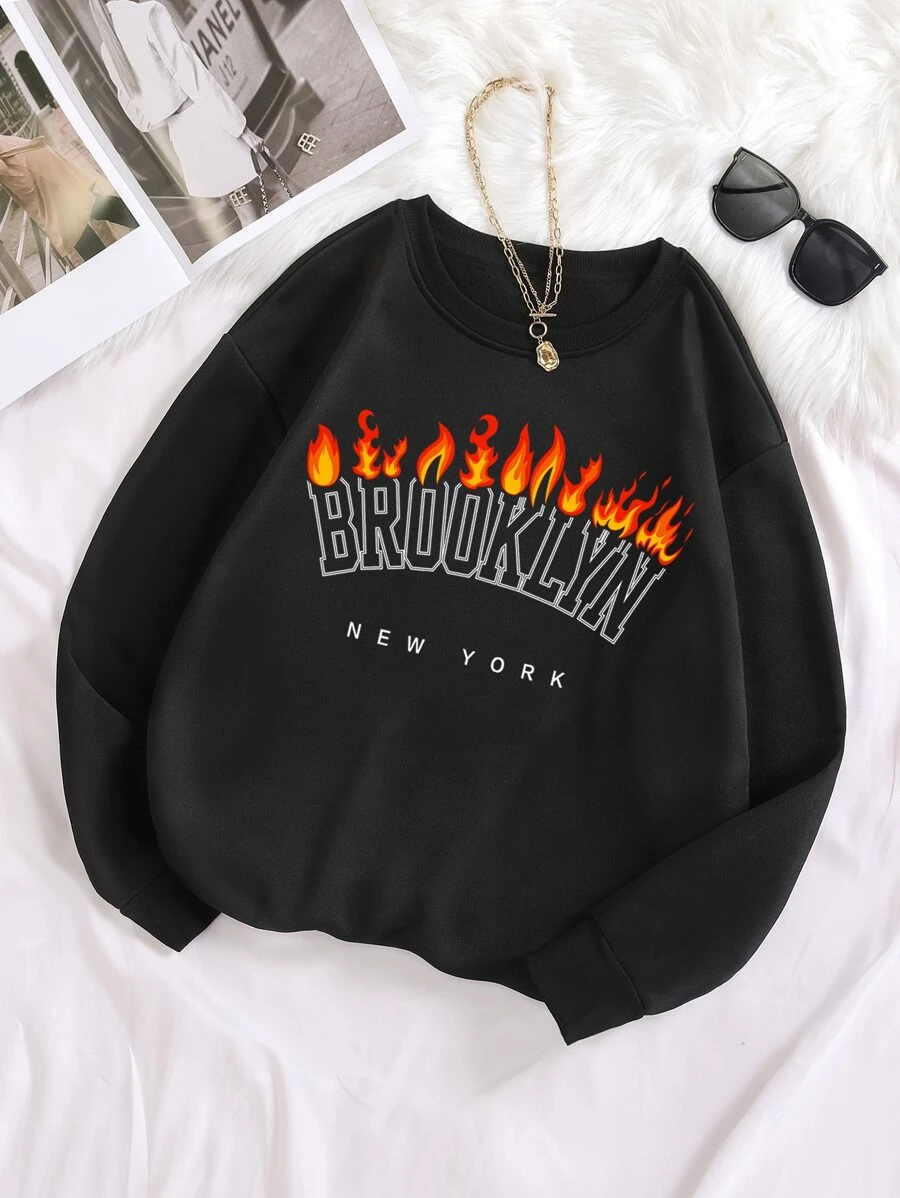 SHEIN Coolane Plus Fire & Letter Graphic Thermal Pullover - Black - View 1