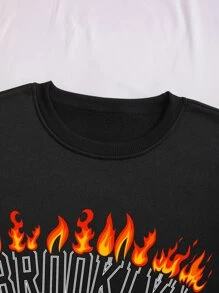 SHEIN Coolane Plus Fire & Letter Graphic Thermal Pullover - Black - View 3