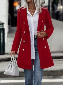 SHEIN Clasi Lapel Collar Double Breasted Overcoat For New Year Clothes Fall Winter Cloth For Women - Red - View 1