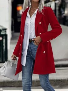 SHEIN Clasi Lapel Collar Double Breasted Overcoat For New Year Clothes Fall Winter Cloth For Women - Red - View 3