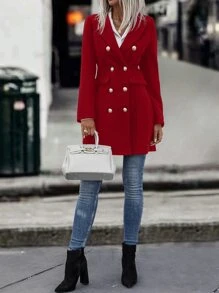 SHEIN Clasi Lapel Collar Double Breasted Overcoat For New Year Clothes Fall Winter Cloth For Women - Red - View 4