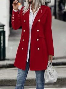 SHEIN Clasi Lapel Collar Double Breasted Overcoat For New Year Clothes Fall Winter Cloth For Women - Red - View 5