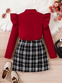 Niñas ribete con fruncido de cuello alto Camiseta & de cuadros con botón falso Falda - Multicolor - Ver 2