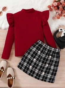 Niñas ribete con fruncido de cuello alto Camiseta & de cuadros con botón falso Falda - Multicolor - Ver 4