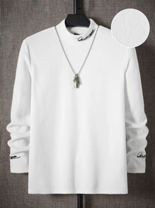 Manfinity VCAY 男士高领长袖刺绣字母休闲简约T恤，秋冬款 - 白色 - 查看 1