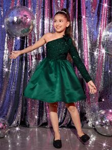 SHEIN Tween Girls One Shoulder Bow Detail Sequin Party Dress