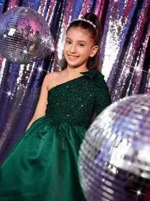 SHEIN Tween Girls One Shoulder Bow Detail Sequin Party Dress