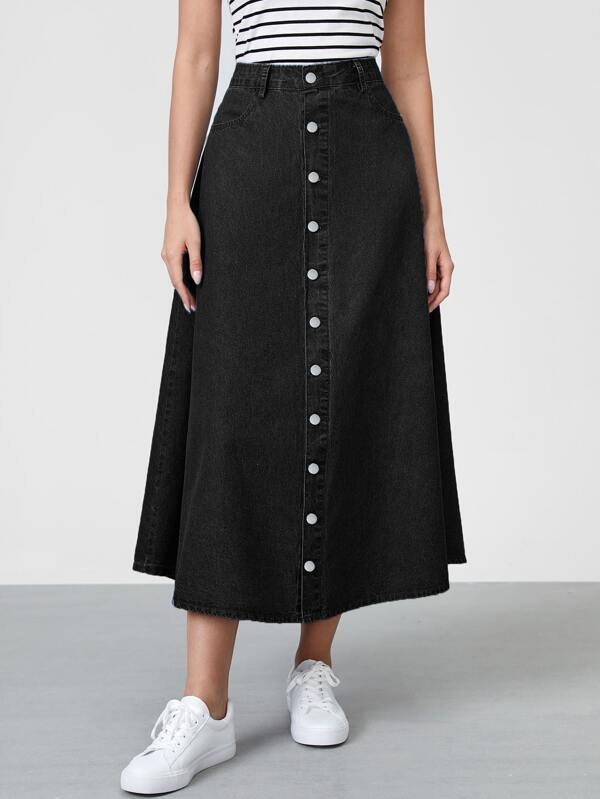 SHEIN Essnce Button Front Aline Denim Skirt SHEIN USA