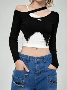 SHEIN MOD Camiseta 2 en 1 de color combinado de cuello asimétrico - Blanco y Negro - Ver 2