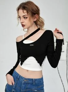 SHEIN MOD Camiseta 2 en 1 de color combinado de cuello asimétrico - Blanco y Negro - Ver 3