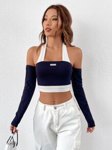 SHEIN ICON Patched Detail Halter Neck Crop Tee - Navy Blue - View 3