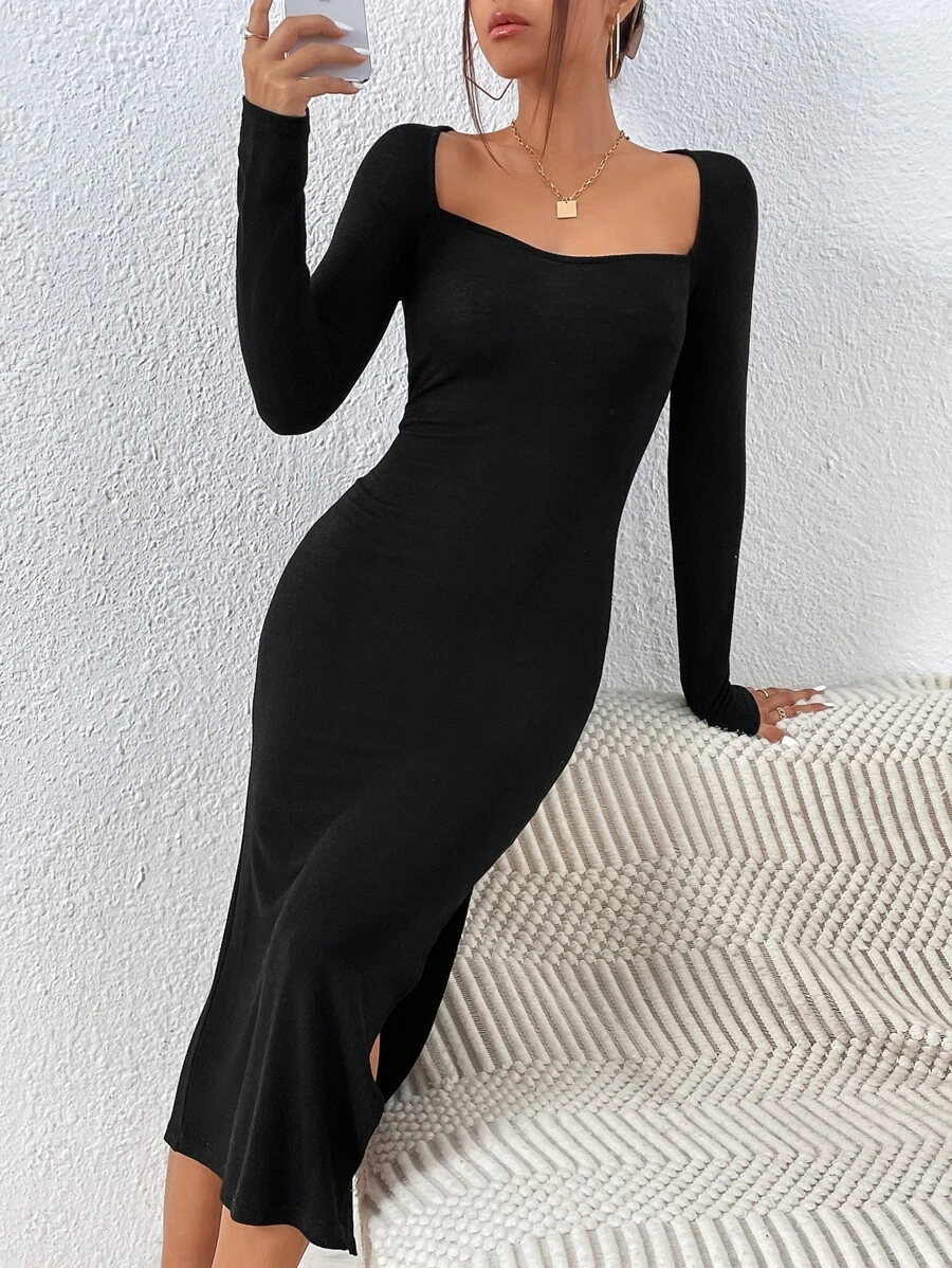 SHEIN Privé Sweetheart Neck Split Thigh Bodycon Dress - Black - View 1