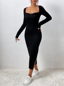 SHEIN Privé Sweetheart Neck Split Thigh Bodycon Dress - Black - View 5