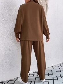 SHEIN LUNE 大碼小高領燈籠袖上衣和褲子 - 摩卡棕 - 查看 2