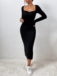 SHEIN Privé Sweetheart Neck Split Thigh Bodycon Dress - Black - View 6