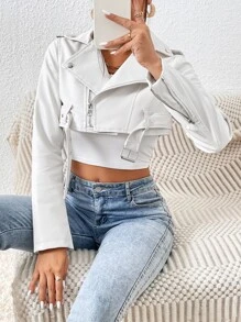 SHEIN Essnce Zip Up PU Crop Moto Jacket