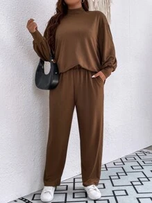 SHEIN LUNE 大碼小高領燈籠袖上衣和褲子 - 摩卡棕 - 查看 3