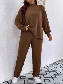 SHEIN LUNE 大碼小高領燈籠袖上衣和褲子 - 摩卡棕 - 查看 4