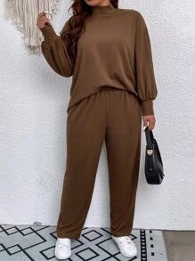 SHEIN LUNE 大碼小高領燈籠袖上衣和褲子 - 摩卡棕 - 查看 5