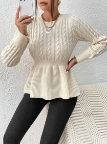 SHEIN Privé Jersey tejido de cable peplum - Beis - Ver 1