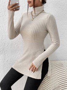 SHEIN Privé Solid Turtleneck Split Hem Tee