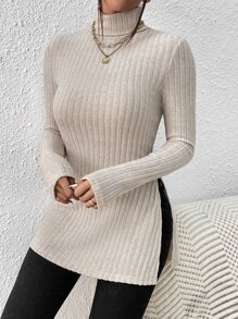 SHEIN Privé Solid Turtleneck Split Hem Tee