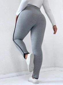 Calvaya 大碼拼接側邊接縫緊身打底褲 - 淺灰色 - 查看 1