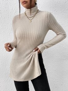 SHEIN Privé Solid Turtleneck Split Hem Tee