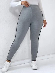 Calvaya 大碼拼接側邊接縫緊身打底褲 - 淺灰色 - 查看 3