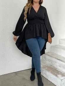 Celure Plus Lantern Sleeve High Low Hem Blouse