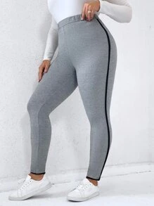 Calvaya 大碼拼接側邊接縫緊身打底褲 - 淺灰色 - 查看 4