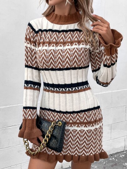 SHEIN Privé 鋸齒圖案荷葉邊毛衣裙