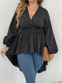 Celure Plus Lantern Sleeve High Low Hem Blouse