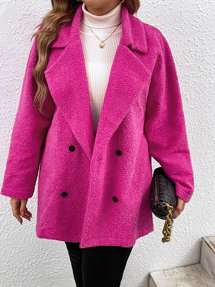 SHEIN LUNE Plus Lapel Neck Double Breasted Teddy Coat - Hot Pink - View 1