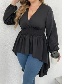 Celure Plus Lantern Sleeve High Low Hem Blouse