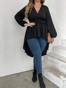 Celure Plus Lantern Sleeve High Low Hem Blouse