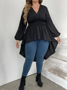 Celure Plus Lantern Sleeve High Low Hem Blouse